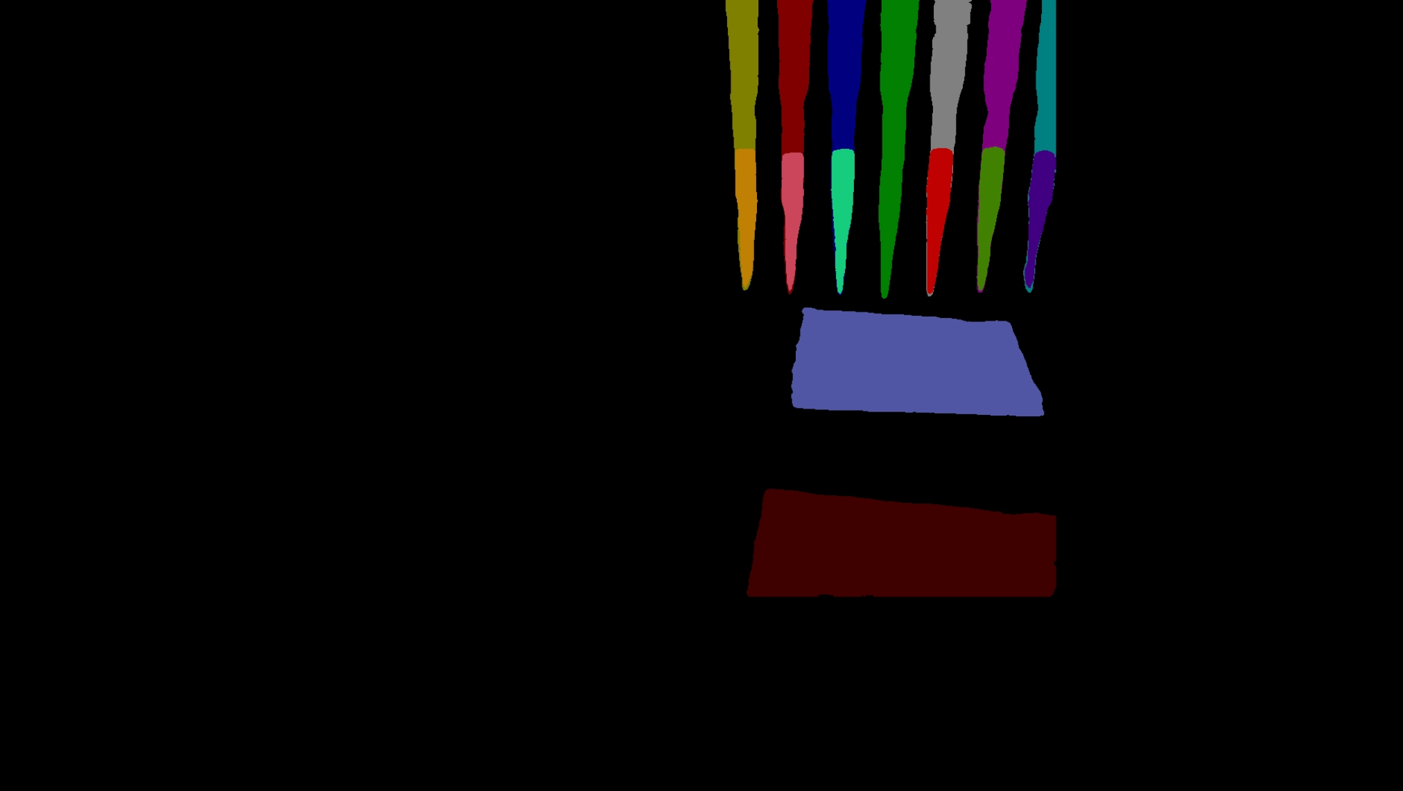 Stage 1 SAM grounding masks on a LiquidAD frame: eight pipettes and two trays each segmented as a distinctly colored instance.